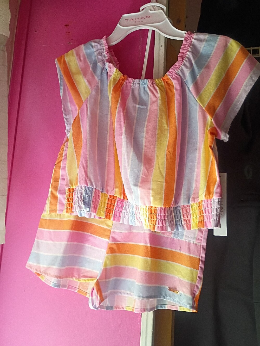 Tahari Pastel Multi-Color Striped Crop Top & Shorts Set